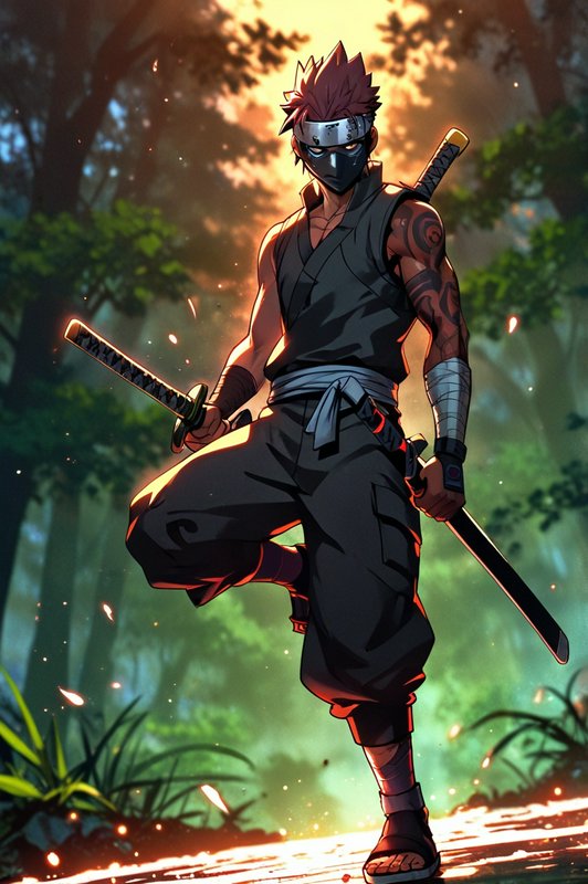 Anime ninja warrior in a forest with dual swords, wearing a mask and headband, ready for battle.