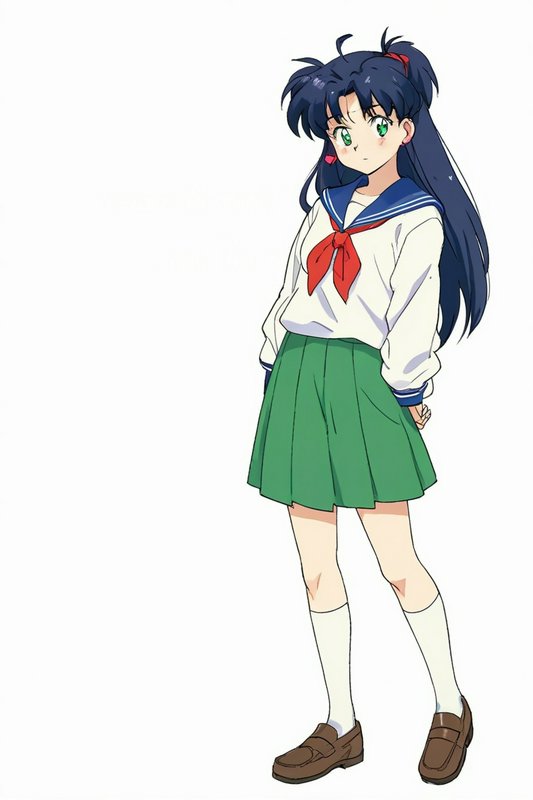 Anime girl in a Japanese school uniform with green pleated skirt and red neckerchief
