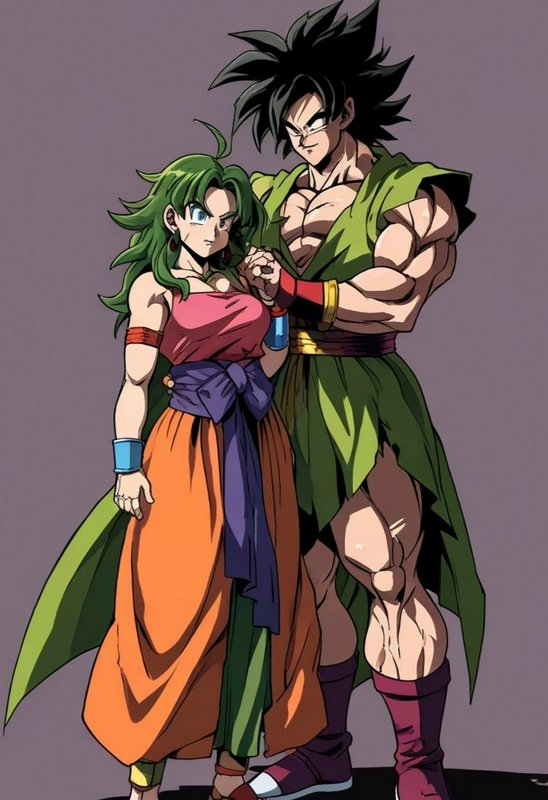 Anime-style illustration of a muscular male warrior in a green outfit standing beside a green-hai...