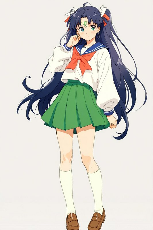 Anime schoolgirl with long dark hair, green eyes, in a white sailor blouse and green pleated skirt.