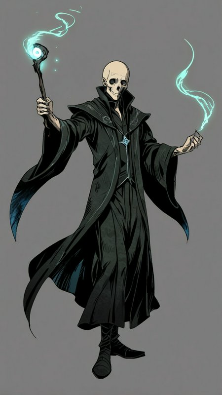 A skeletal necromancer in a flowing black robe wields a staff with a glowing orb and blue etherea...
