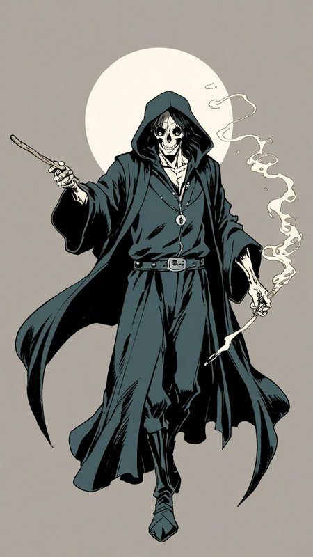 Skeletal grim reaper in a dark hooded robe with a wand and smoky aura, standing against a pale ci...