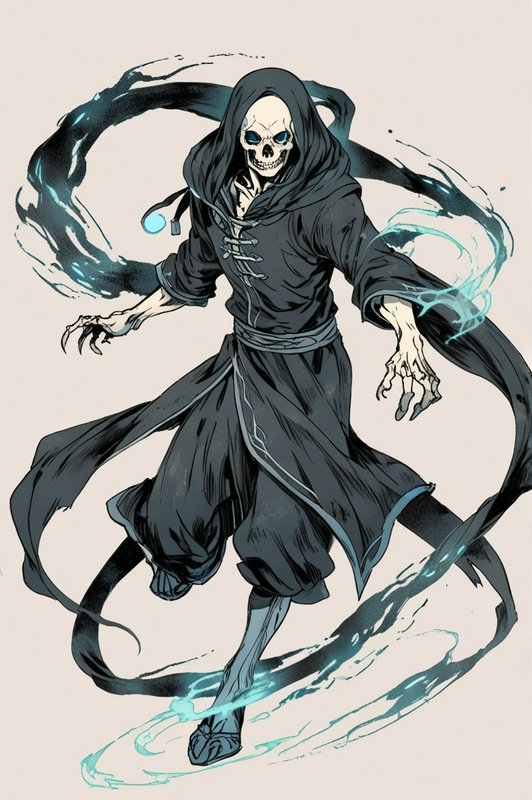 Hooded skeletal sorcerer swirling dark magical energy around a flowing robe.