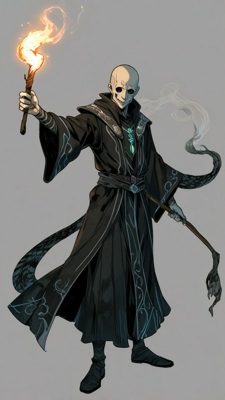 Skeletal dark fantasy necromancer in black runed robes holding a flaming torch and arcane staff, ...