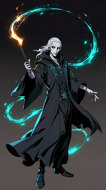 Anime-style dark necromancer wizard with pale skull-like skin, white hair, casting glowing cyan m...