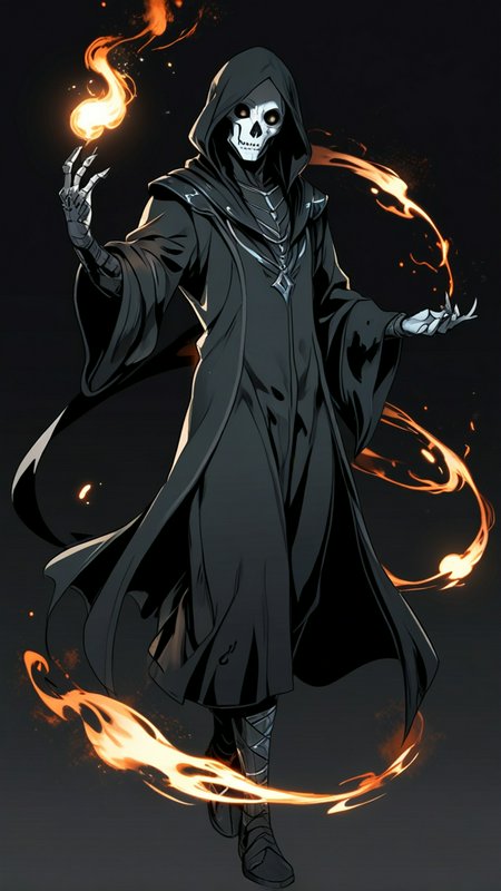 Anime-style skeletal fire mage in a black hooded cloak conjuring glowing orange arcane flame magi...