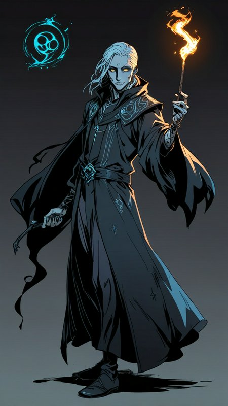 Pale dark elf wizard with white hair, glowing gold eyes, black arcane robes, holding a flaming wa...
