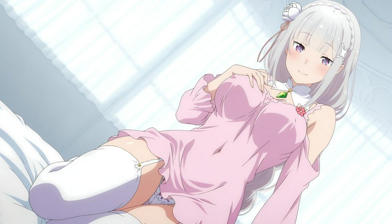 Anime illustration of Re:Zero's Emilia reclining on a sunlit bed in soft pink casual loungewear, ...