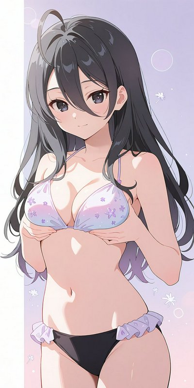 Anime young woman with long dark hair in a floral pastel bikini, gentle smile against soft gradie...