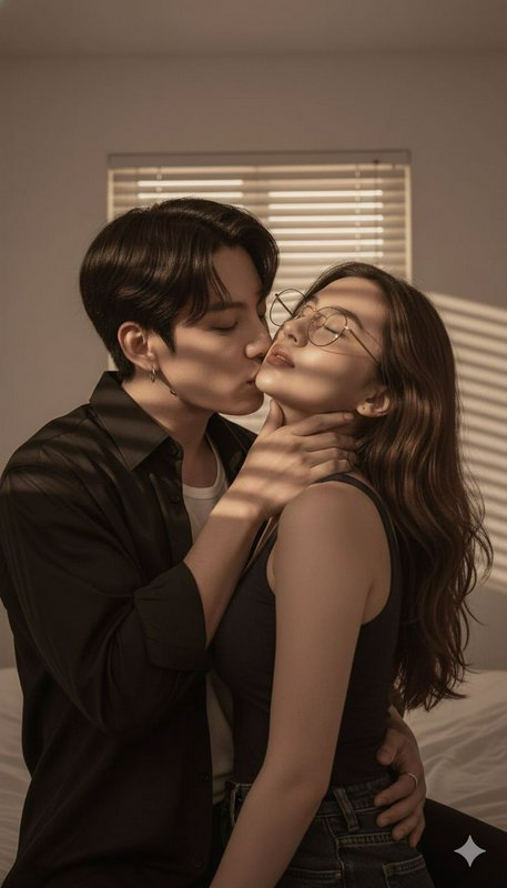 Intimate tender portrait of a young couple sharing a soft kiss, striped window blind shadows fall...