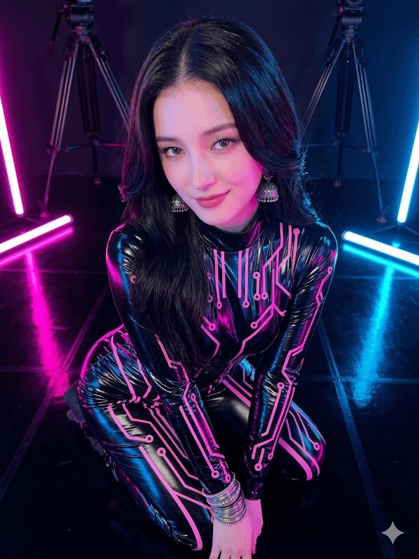 Futuristic studio portrait of a woman in a pink circuit-print black catsuit, lit by pink and blue...