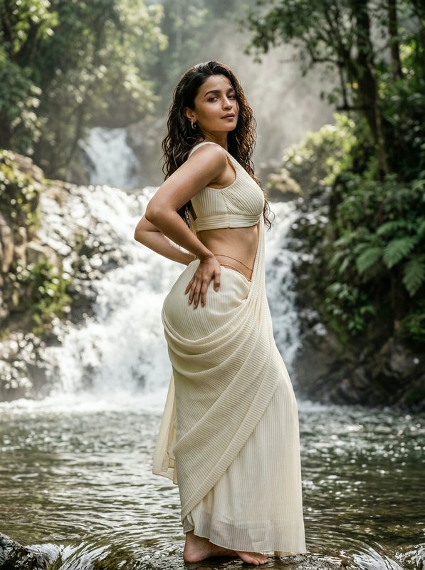 Alia Bhatt stands in shallow stream wearing a cream designer saree, with a lush cascading rainfor...