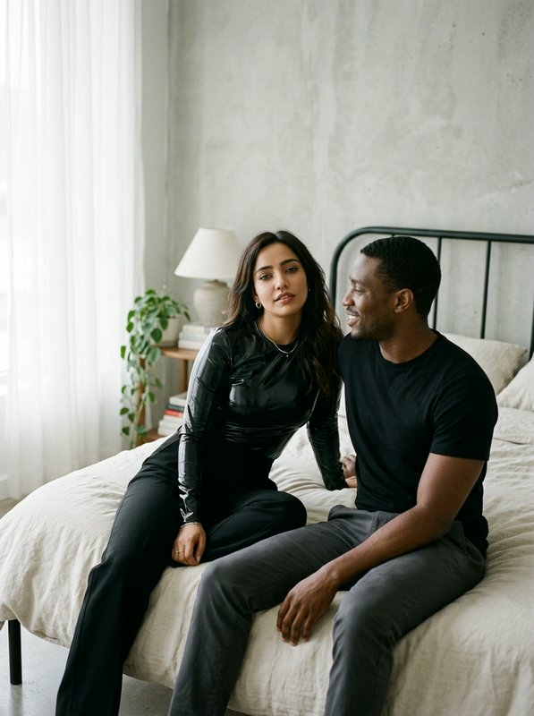 Stylish multiracial couple seated together on a linen bed in a bright minimalist industrial bedroom
