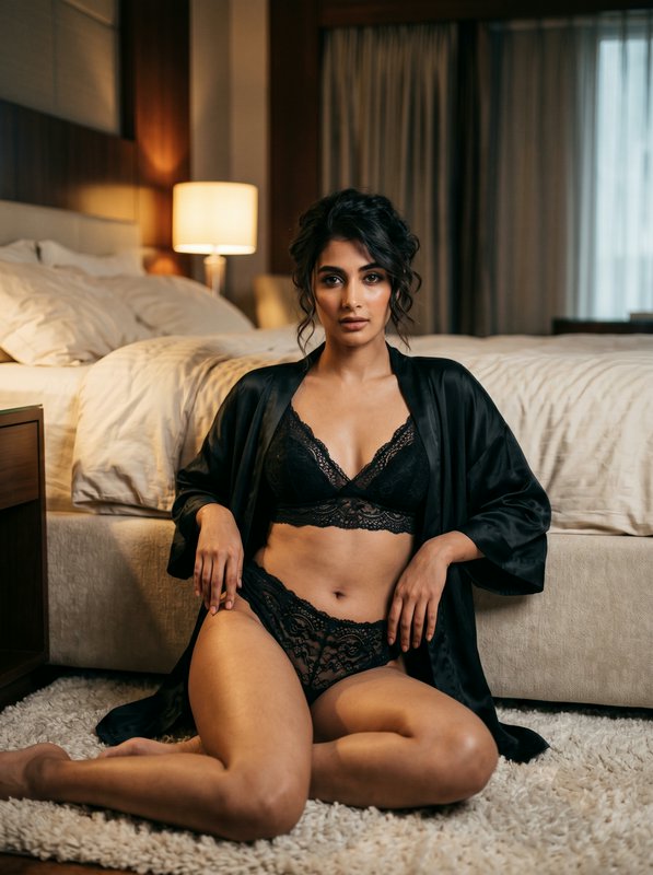 Elegant South Asian woman in black lace lingerie and satin robe sits on plush bedroom carpet besi...