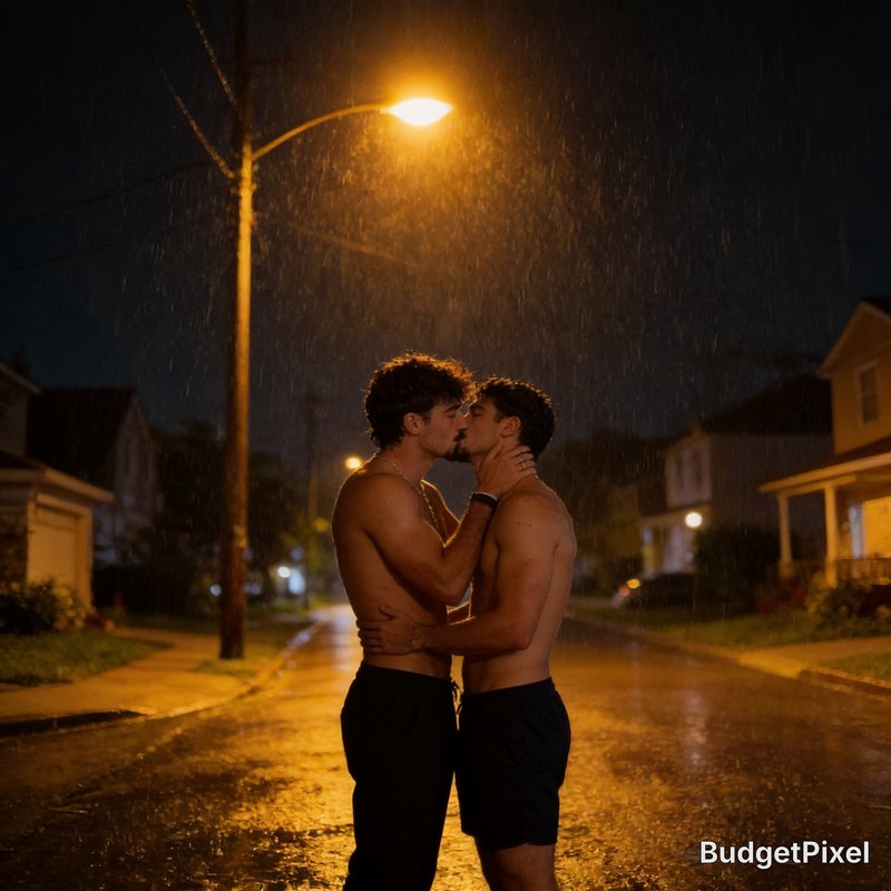 Two shirtless men kissing under a streetlamp in the rain on a quiet nighttime street.