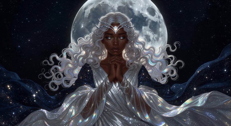 Dark-skinned ethereal woman with silver hair in a flowing shimmering gown, praying hands beneath ...