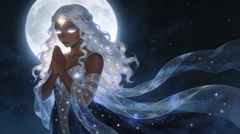 Digital painting of a moonlit goddess with silver hair praying, glowing eyes, and a translucent s...