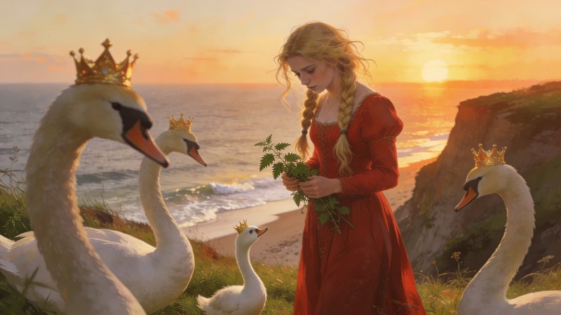 Blonde woman in a red gown with braids among crowned swans at sunset along a coastal cliff.