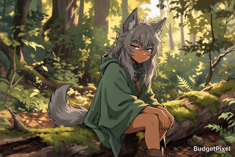 Anime-style wolf girl (kemono) with grey hair and wolf ears sits on a mossy log in a sun-dappled ...