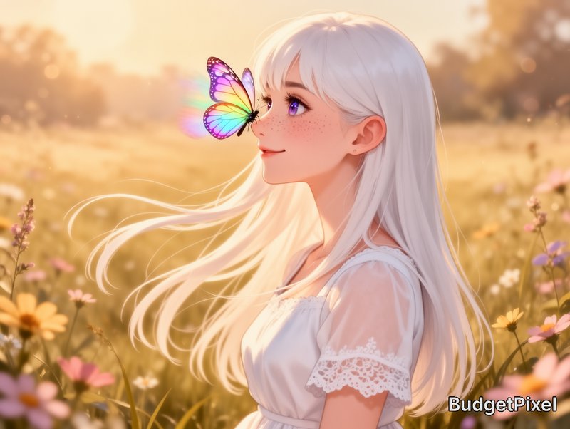 Anime girl with long flowing white hair smiles as an iridescent rainbow butterfly rests on her no...