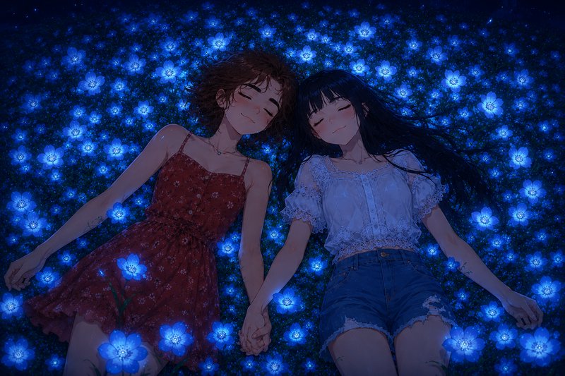 Two smiling anime girls hold hands while laying with closed eyes in a field of glowing blue biolu...