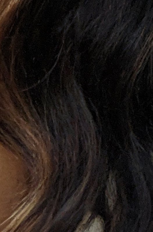 Close-up of dark hair with subtle caramel highlights along the edge of the face.