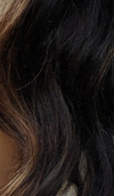 Close-up of dark brown/black hair with subtle lighter highlights and glossy texture.