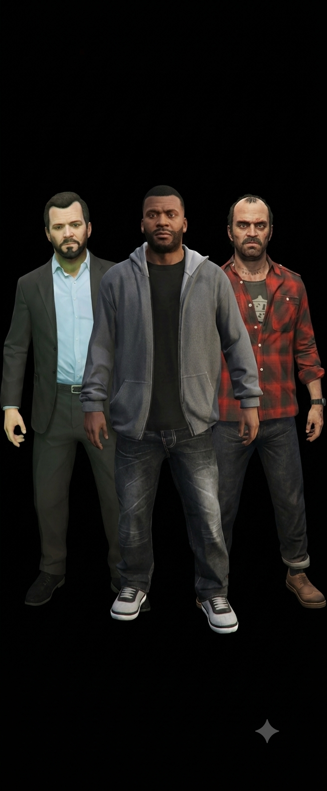 Three male characters standing in a row against a black background in casual and semi-formal outfits