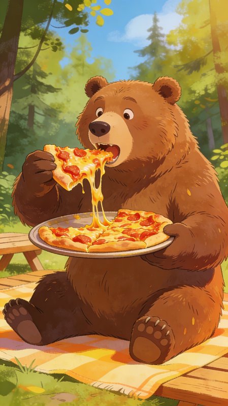 Cartoon brown bear sitting on a checkered picnic blanket in a sunny forest, eating a slice of pizza.