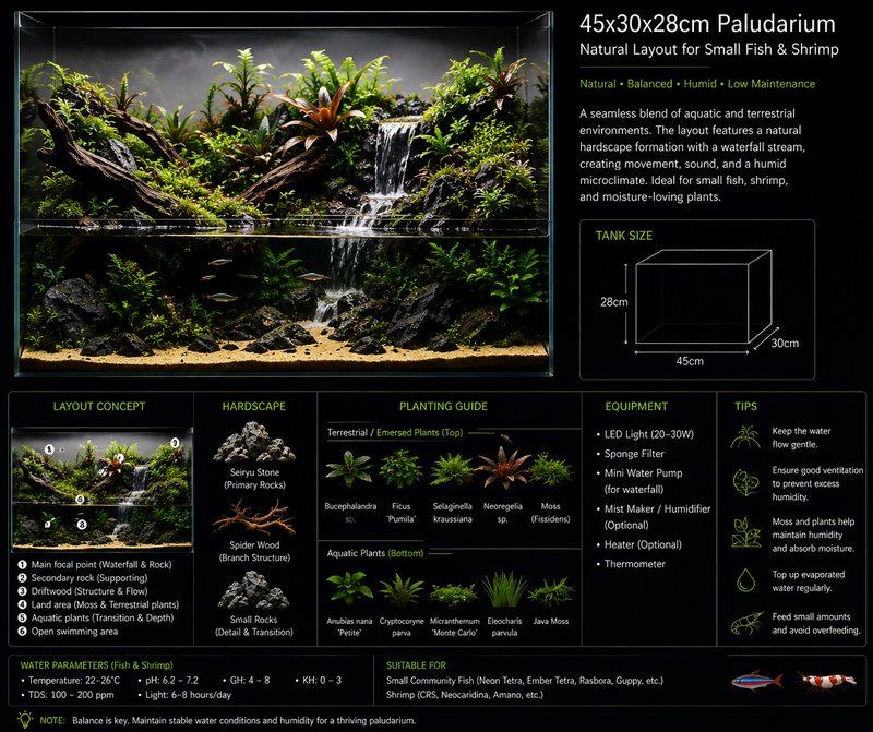 Infographic of 45x30x28cm lush paludarium design with waterfall, hardscape, planting, and aquariu...