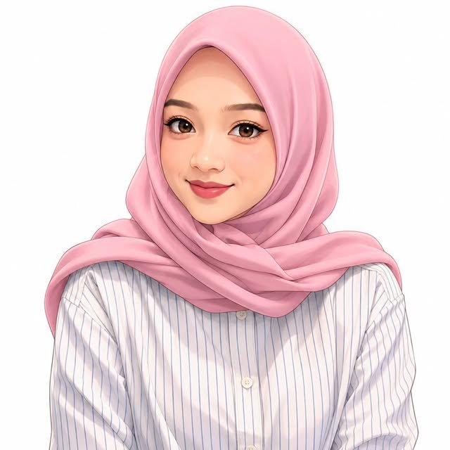 Illustrated portrait of a smiling young Muslim woman wearing a soft pink hijab and striped shirt ...