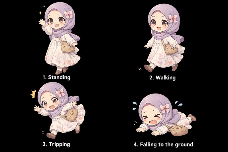 4-step sequential chibi illustration of a hijabi girl showing standing, walking, tripping, and fa...