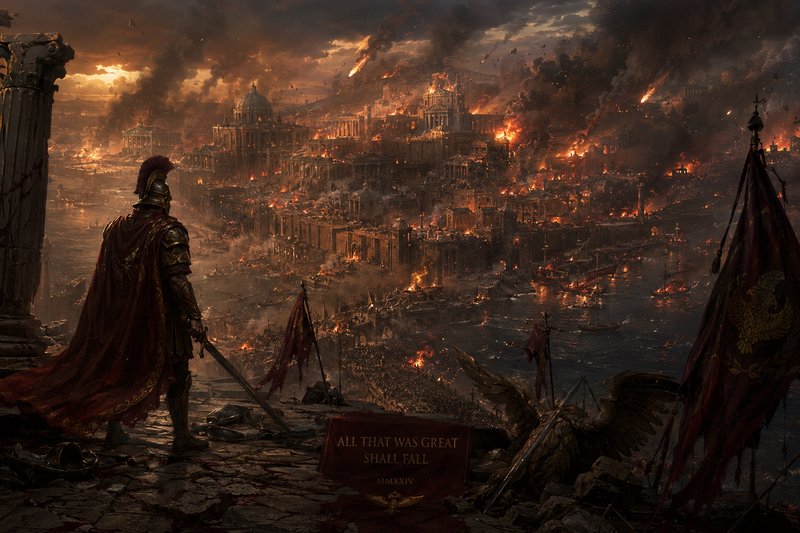 Armored Roman centurion stands atop ruins overlooking a burning, besieged ancient imperial city u...