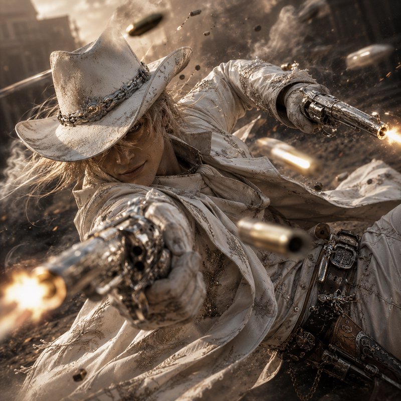 Dynamic shot of elegant white cowboy firing two ornate revolvers mid-gunfight, flying bullet casi...