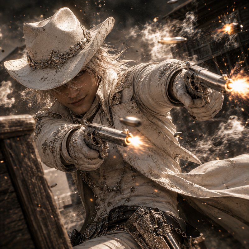 Ornate white-clad fantasy cowboy dual wields firing revolvers mid chaotic old west gunfight, muzz...