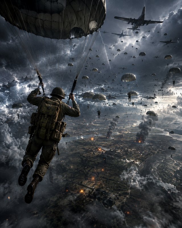 Back view of WWII paratrooper mid-parachute descent, massive airborne invasion force, storm light...