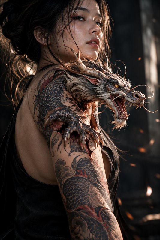 Surreal portrait of East Asian woman where her traditional dragon tattoo emerges as a living east...