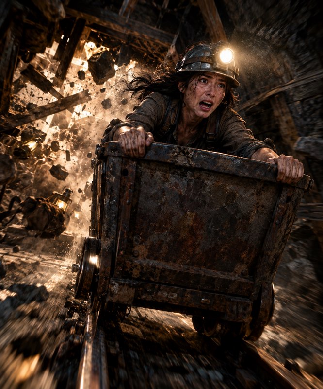 Terrified female miner grips a speeding rusted mine cart, escaping a collapsing underground mine ...