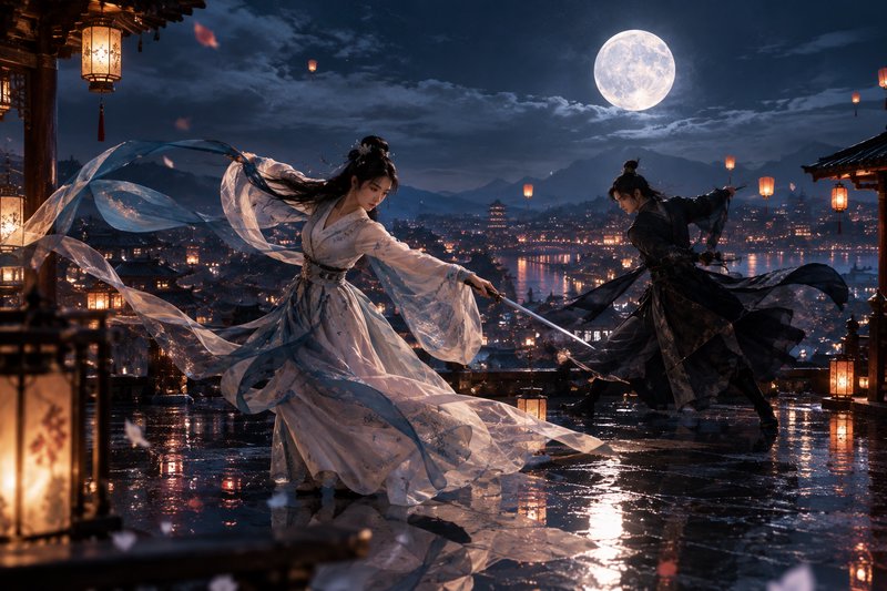 Two hanfu-clad martial artists duel with swords on a lantern-lit rooftop under a bright full moon.