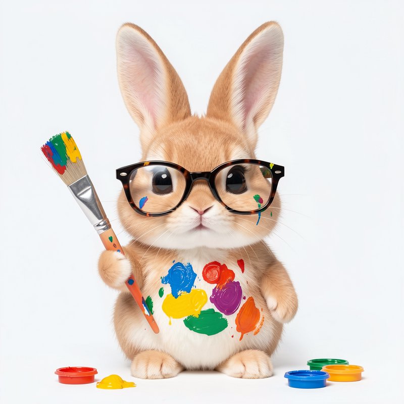 Cute fluffy tan baby bunny with glasses holds a multicolor paintbrush next to scattered paint pots