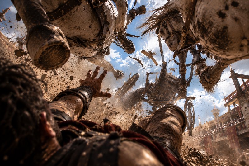 First person perspective of a violent chariot crash with flying mud inside an ancient Roman arena