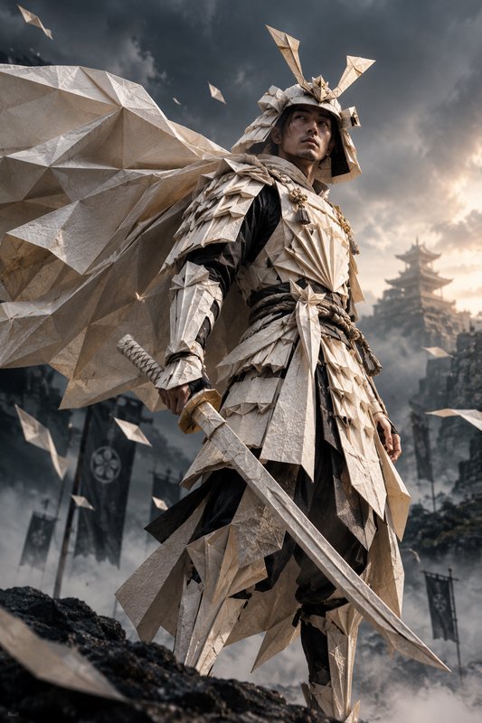 Origami armored samurai stands on a misty battlefield holding a paper katana under a stormy sky