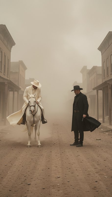 Two old west gunslingers face off on a dusty foggy frontier town street, one mounted on a white h...