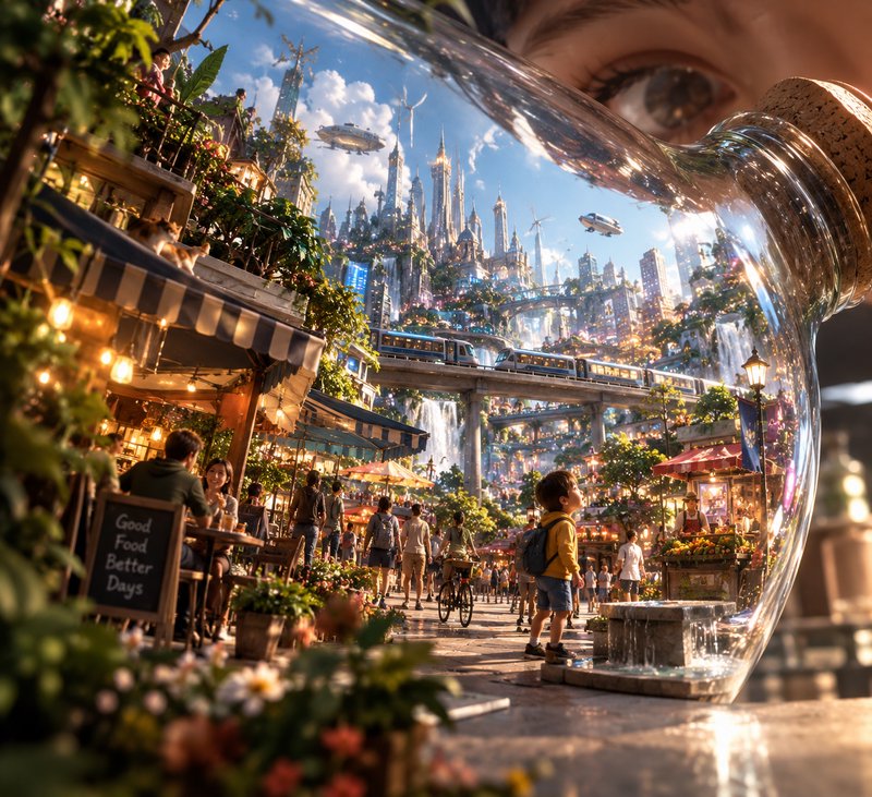 A giant human eye looks upon a bustling magical futuristic city contained inside a clear glass bo...