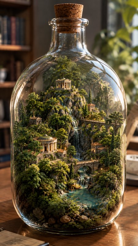 Intricate miniature diorama of an ancient Mediterranean landscape with temples and waterfalls ins...