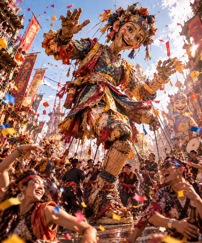Giant ornate traditional puppet waves to cheering crowds at a vibrant sunny street parade