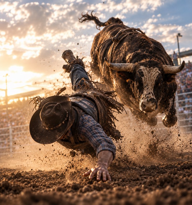 Cowboy bull rider falls from a bucking bull in a dusty rodeo arena at golden sunset
