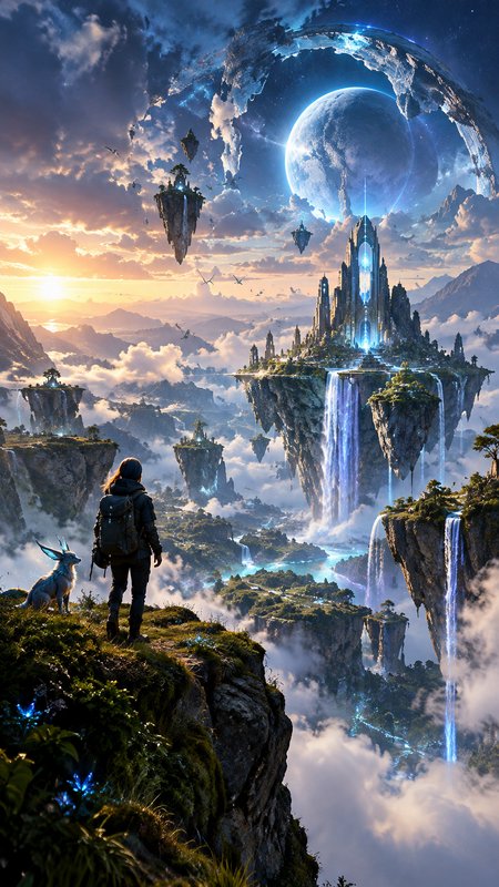Lone hiker with magical fox companion overlooks floating fantasy islands beneath a glowing ringed...