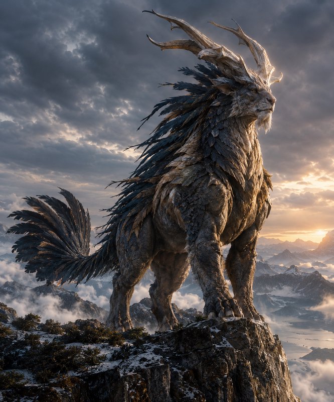 Majestic horned feathered mythical beast standing atop a rocky mountain peak at sunset