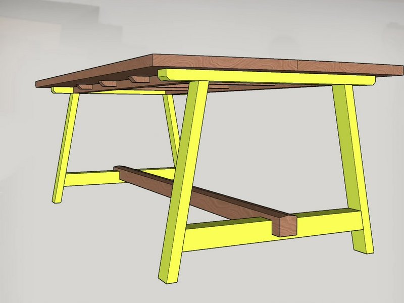 CAD-style illustration of a wooden workbench with a brown top and bright yellow frame.